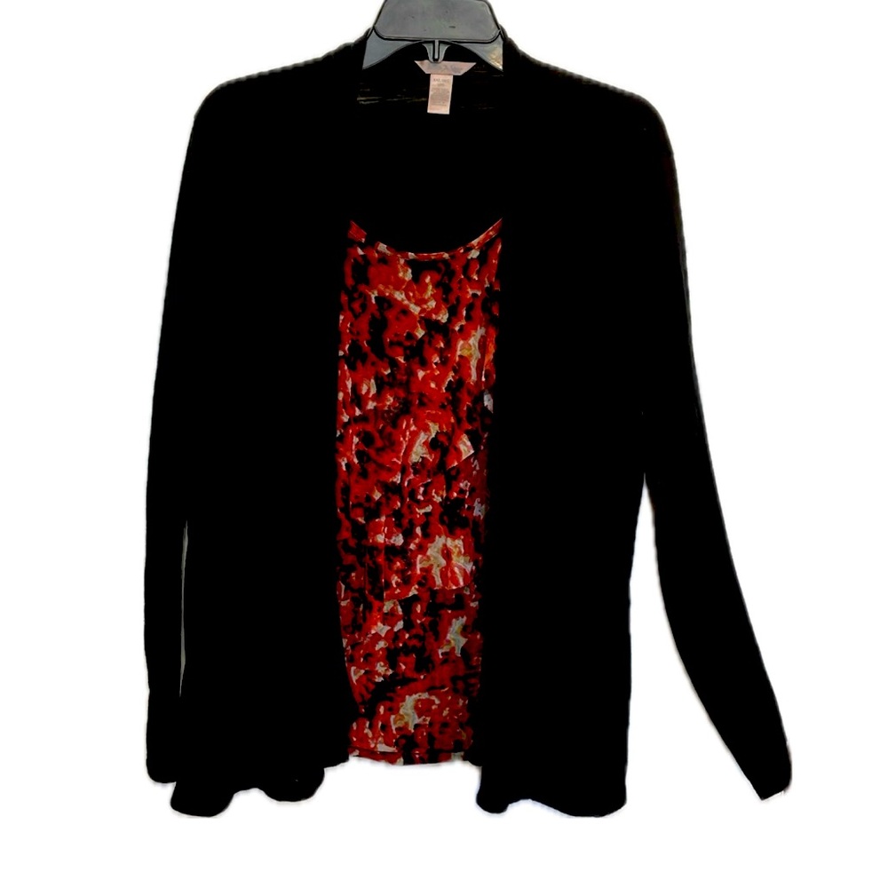 Women's White Stag 2-in-1 Black Red Ruffle Long Sleeve Cardigan Shirt Blouse XXL
